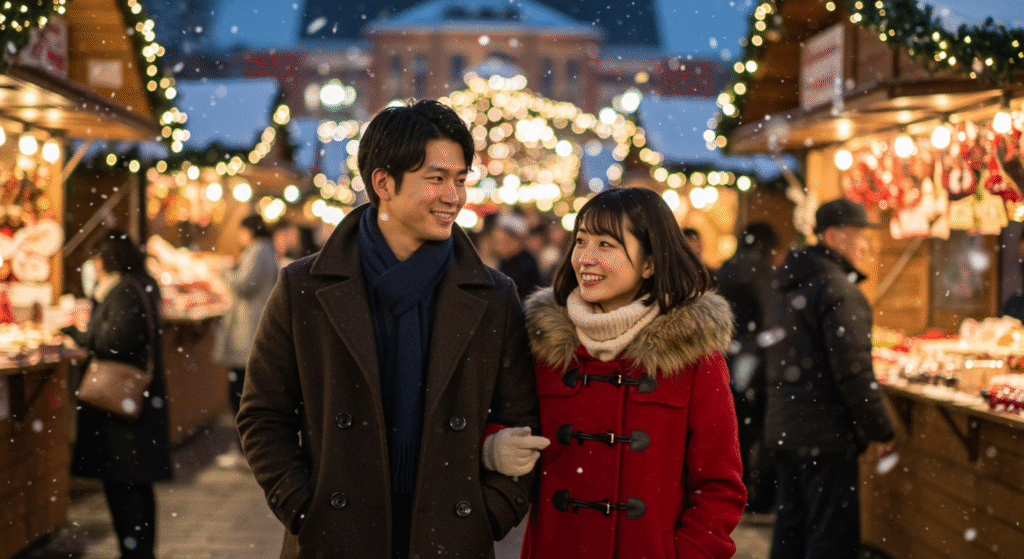 カップルでの関東クリスマス旅行におすすめのスポットを紹介する記事のアイキャッチ。雪の街を歩く二人の写真。